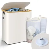 VOUNOT Wäschekorb mit Deckel 145L, Faltbarer Wäschesammler 2 Fächer & Wäschesäcke, Laundry Baskets Wäschebox Schmal, Beige