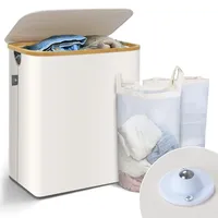 VOUNOT Wäschekorb mit Deckel 145L, Faltbarer Wäschesammler 2 Fächer & Wäschesäcke, Laundry Baskets Wäschebox Schmal, Beige