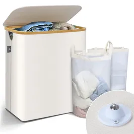 VOUNOT Wäschekorb mit Deckel 145L, Faltbarer Wäschesammler 2 Fächer & Wäschesäcke, Laundry Baskets Wäschebox Schmal, Beige