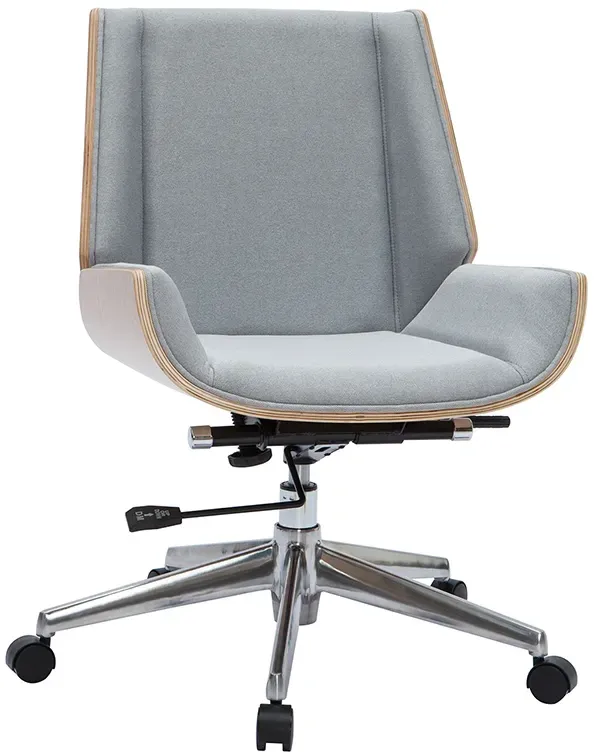 Chaise de bureau à roulettes design en tissu gris clair, bois clair et acier chromé CURVED