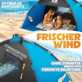 eloneo Pop Up Strandmuschel UV Schutz 80+, Leichter Aufbau und kleines Packmaß inkl. Tragetasche, Sonnenschutz & Windschutz für Babys und Erwachsene, Blau , 220x150x130 cm