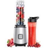 Horett Mini Standmixer 400W, Smoothie Maker Mixer mit 2 x 600 ml BPA-freien Trinkflaschen, Blender Mixer für Smoothies, Eis und Babynahrung, 27.000 U/min, Silber