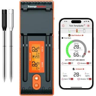 ThermoPro Twin TempSpike Fleischthermometer kabellos 150m Bluetooth Grillthermometer Backofenthermometer Ladeschale mit Display für Ofen, Grill, Rotisserie, sicher im Geschirrspüler