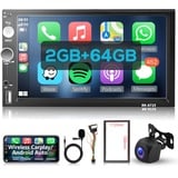 Hodozzy 2 Din Autoradio Navi 2GB 64GB Android mit Wireless Carplay, Android Auto, 7 Zoll Touchscreen Doppel DIN Stereo Radio mit GPS Navi HiFi Bluetooth WiFi FM/RDS Radio AHD Rückfahrkamera, USB