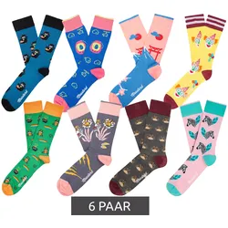 6 Paar Moustard Baumwoll-Socken mit tierischen, blumigen und Retro-Prints gemusterte lange Strümpfe Grau/Grün/Blau/Rosa/Gelb - 41-46