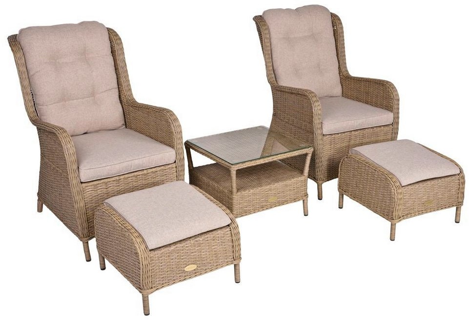 Lomadox Gartenstuhl VAGOS-120, Sessel Set in braun, inkl. Polster und Tisch mit Glasplatte braun