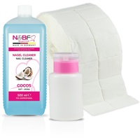 NAILS FACTORY | N&BF Nagel Cleaner Set mit Duft 500ml + Dispenser Pumpflasche Rosa 150ml + 1000 Zelletten Cellulose Pads (2 Rollen à 500 Stück) - 70% Isopropanol-Alkohol – für Gelnägel – (Kokosnuss)