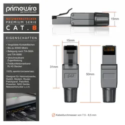 Primewire 8x Netzwerk-Adapter RJ-45 (Ethernet) zu Netzwerkkabel, Netzwerkstecker RJ45 CAT 8 - Gigabit Ethernet LAN Kabel - 40 Gbit/s, schwarz