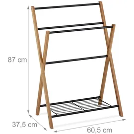 Relaxdays Handtuchhalter stehend, 4 Handtuchstangen, Badablage, Metall, Bambus, HBT 87 x 60,5 x 37,5 cm, schwarz/natur