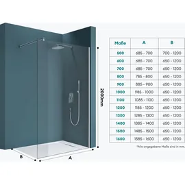 mai & mai Duschwand für Dusche Duschabtrennung 140x200cm Walk-In Dusche ESG-Sicherheitsglas 10mm NANO Glas BRAM1 Bremen2K