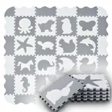 Juskys Kinder Puzzlematte Timon 36 Teile mit 16 Tieren in grau weiß
