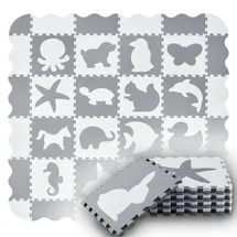 Juskys Kinder Puzzlematte Timon 36 Teile mit 16 Tieren in grau weiß