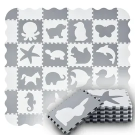Juskys Kinder Puzzlematte Timon 36 Teile mit 16 Tieren in grau weiß