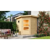 Woodfeeling Karibu Gartensauna Pultdach Saunahaus Pekka mit Eckeinstieg-9 kW Ofen inkl. Steuergerät-Moderne Saunatür (Klarglas) inkl. 8-teiligem gratis Zubehörpaket (Gesamtwert 191,92€)