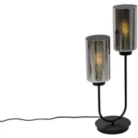 QAZQA Art-Deco-Tischlampe schwarz mit Rauchglas 2-flammig – Laura