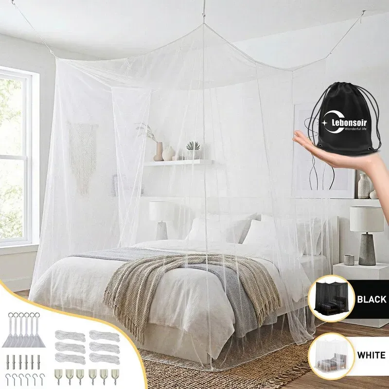 LeBonsoir 4-seitiges rechteckiges Moskitonetz – für Bett, Camping, Zuhause, Outdoor, Reisen, mit 6 Aufhängeösen und 2 Öffnungen, weiß, 200 x 180 x 180 cm (L x B x H)