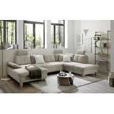Stella Trading Wohnlandschaft Ascot mit Cord-Bezug und Schlaffunktion in Hellbraun, U-Form inkl. Kopfstützen, Bettkasten und Verstellbarer Armlehne - 324 x 107 x 218 cm (B/H/T)