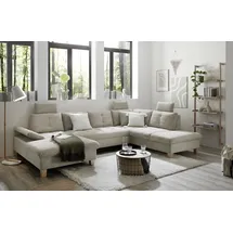 Stella Trading Wohnlandschaft Ascot mit Cord-Bezug und Schlaffunktion in Hellbraun, U-Form inkl. Kopfstützen, Bettkasten und Verstellbarer Armlehne - 324 x 107 x 218 cm (B/H/T)