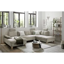 Stella Trading Wohnlandschaft Ascot mit Cord-Bezug und Schlaffunktion in Hellbraun, U-Form inkl. Kopfstützen, Bettkasten und Verstellbarer Armlehne - 324 x 107 x 218 cm (B/H/T)