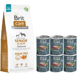 BRIT CARE Dog Grain-free Senior & Light Salmon 12kg + Wild Farm Superfood Duck 6x400g getreidefreies Hundefutter