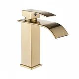 Faizee Home | Wasserfall Armatur Gold – Edle Waschtischarmatur aus Messing mit breitem Auslauf & Keramikkartusche | Designer Wasserhahn im Wasserfall-Design für Bad & Gäste-WC