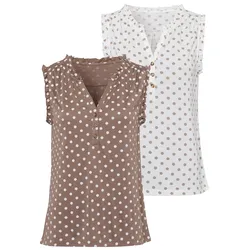 Rüschentop LASCANA "mit kurzer Knopfleiste", Damen, Gr. 48/50, braun (weiß, gepunktet, taupe, gepunktet), Obermaterial: 65% Polyester (REPREVE), 35% Viskose, gepunktet, feminin, V-Ausschnitt, ohne Ärmel, Tops, aus pflegeleichter Qualität