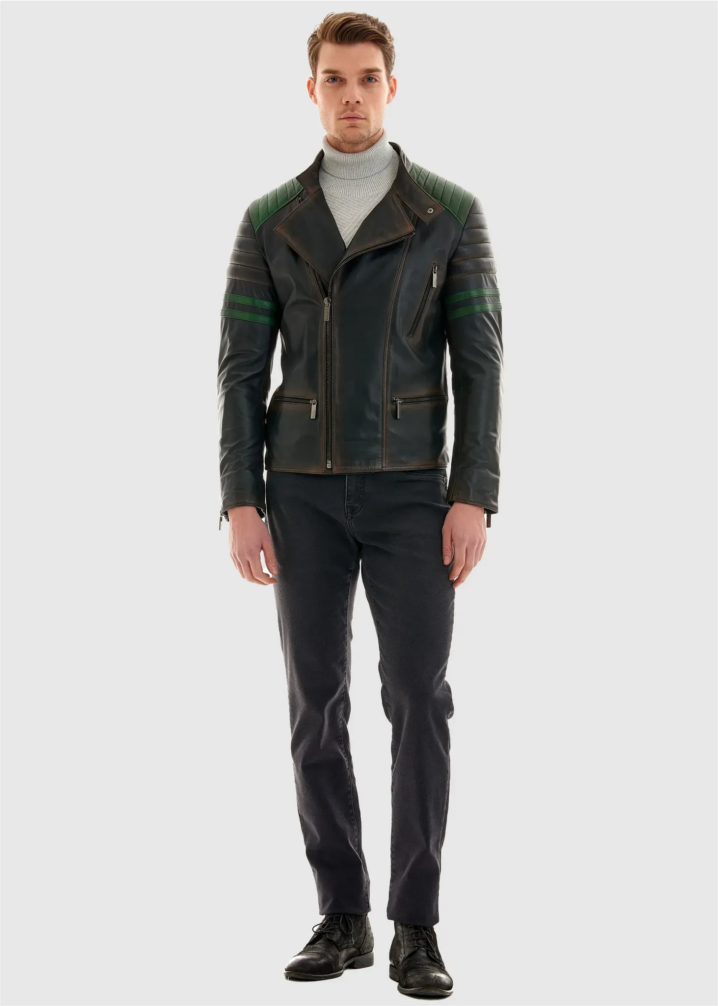 Lederjacke PIERRE CARDIN, Herren, Gr. L, schwarz (schwarz, grün), 100% Leder, mehrfarbig, kurz, ohne Ausschnitt, Jacken, in tollem Stepp-Design