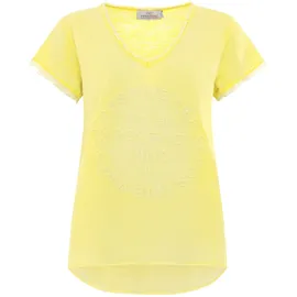 Zwillingsherz T-Shirt "Positive Mind" V-Ausschnitt, Kurzarm, Used-Look, Baumwolle, ausgefranste Kanten gelb S/M (36/38)