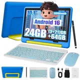 Happybe 10’’ 24(3+21)GB+64GB Android 16 mit Hülle Kindersicherung WLAN Kinder Tablet (10.1", 64 GB, Android) blau