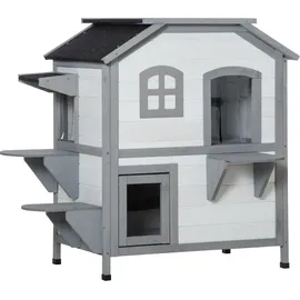 PawHut Katzenhaus aus Holz, Outdoor Katzenhütte mit Treppe, 2-Etagen, Kleintierhaus für Katzen bis 4,5 kg, Weiß, 99,5 x 76 x 91 cm - Weiß