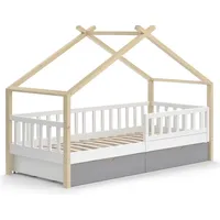 VitaliSpa Hausbett Design 90x200 cm mit Schubladen, Weiß/Naturholz/Naturholz - Grau