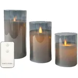 Intirilife 3x Kerzen flammenlose LED Kerzen aus Wachs im Glas in Smoky Grau - 7.4 x 15/12.5/10 cm - Stumpenkerze Fernbedienung batteriebetrieben