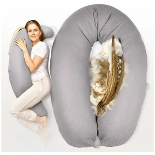 sei Design Natur-Stillkissen XXL mit Musselin Bezug GOTS Bio-Baumwolle & Oeko-TEX Kapok | Füllmenge anpassbar | IGR Ergonomie geprüft & empfohlen | 100% Plastikfrei