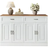 OKWISH Sideboard Holz+Weiß 120x35x80 cm mit verstellbaren Einlegeböden, Soft-Close-Scharniere, Kippschutz, 4 Türen und 2 Schubladen für zusätzlichen Stauraum