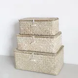 Seegras Aufbewahrungskorb mit Deckel Handgefertigter Gewebter Rechteckige Rattan Box für Spielzeug Kleidung Bücher Schlüssel Make up Organizer, 3er-Set Regalkorb