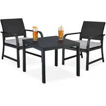 Relaxdays Balkonmöbel Set, 3-teilig, 1 Tisch & 2 Stühle, Kissen, Gartengarnitur Rattanoptik, Stahl & Kunststoff, schwarz