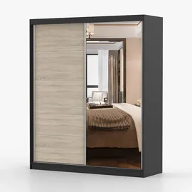imoebel24 Schwebetürenschrank, Schwarz, Sonoma Eiche, 5 Fächer, Rechteckig, 183x218x61 cm, Schlafzimmer, Kleiderschränke, Schwebetürenschränke