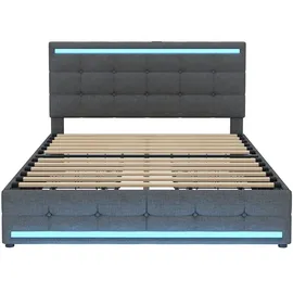 XDOVET Polsterbett mit Schubladen USB-Ladestationen und LED-Kopfteil-Fußteil Doppelbett Erwachsenenbett Stauraumbett 140*200cm Grau - Grau