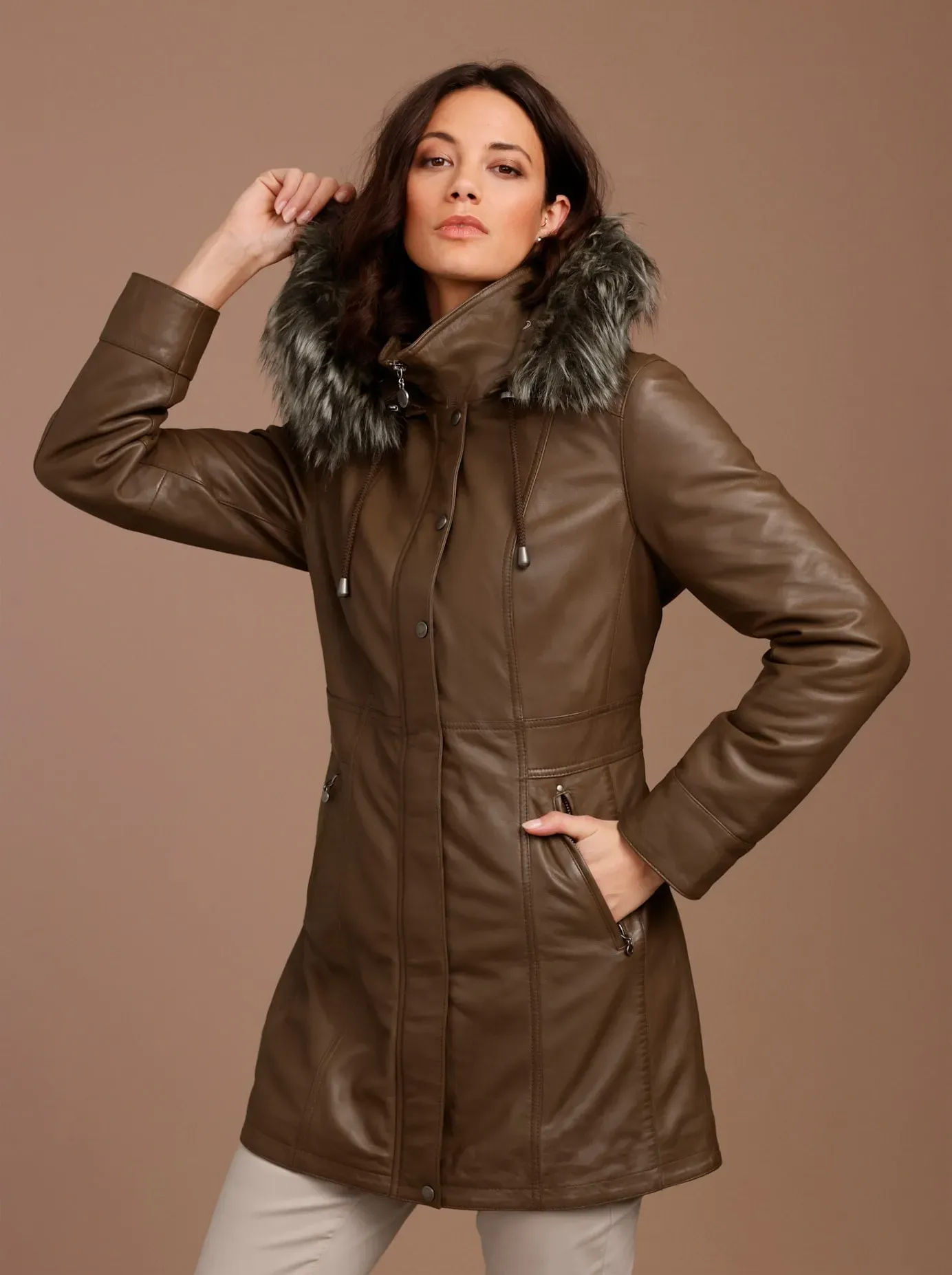 Lederjacke MAINPOL, Damen, Gr. 50, braun, 100% Lammnappaleder, Pelzimitat:100% Polyester, Wattierung:100% Polyester, unifarben, Jacken