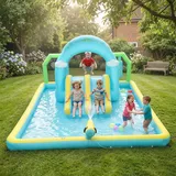7-in-1 Aufblasbare Wasserburg Mit Gebläse, 2 Rutschen, Trampolin, Pool, Basketballkorb Und Boxsäule (426x360x198 Cm)