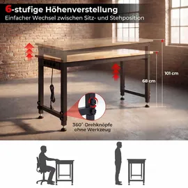 Fantask COSTWAY 122cm schwerlast Werkbank, höhenverstellbarer Arbeitstisch mit Metallrahmen, Lochwand, Steckdose & 2,5cm Massivholzplatte, Werktisch bis 9... - Schwarz/Naturbelassen