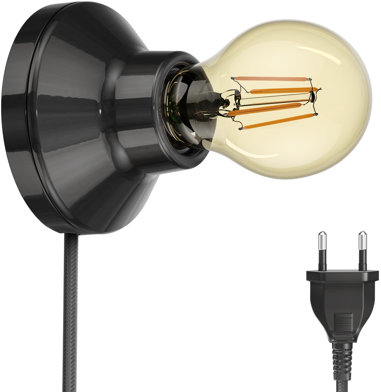ledscom.de E27 Porzellan Lampen-Fassung Elektra, rund mit Stecker und Schalter, schwarz 90mm inkl. E27 Leuchtmittel 471lm Gold Vintage extra-warm-weiß