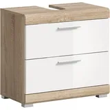 xonox.home Waschbeckenunterschrank Badunterschrank Waschbecken Unterschrank Schrank in Front Weiß Hochglanz Korpus Sonoma Eiche hell Nb., ca.60x56x34 cm mit 2 Schubladen, 60x56x37 FSC Mix, stehend, Badezimmer, Lambada