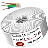 MAS Premium Feuchtraumkabel Stromkabel Mantelleitung Deutscher Marken-Elektrokabel Ring zur Verlegung über, auf, in und unter Putz, in trockenen, feuchten und nassen Räumen (NYM-J 3x1,5 mm2, 70m)