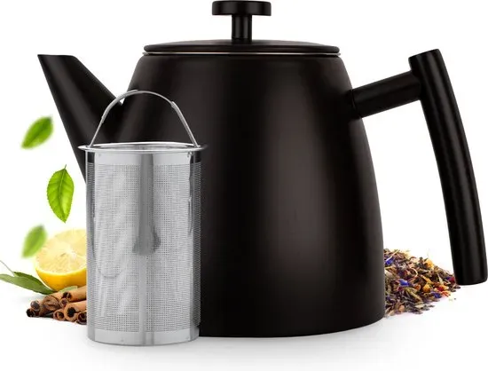 Vaja® Teekanne Juliette Schwarz - Teekanne - Teekanne mit Filter - Teekanne Doppelwandig - Edelstahl-Teekanne - 1 Liter