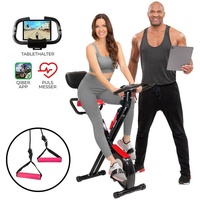 Miweba Sports Heimtrainer Profi Fitnessbike X-Bike "MX100" klappbar Cardio Heimtrainer Trimmrad (Fitnessgerät, Sportgerät, Fitnessfahrrad, Fitnessgeräte für zuhause, Trainingsgerät, 3 kg Schwungrad, 1-tlg., Tablethalterung, App, Handpulssensoren, Komfortsitz, LCD Display), Indoor Cycle faltbar Fitnessfahrrad Fahrradtrainer Indoor cycling rot|schwarz