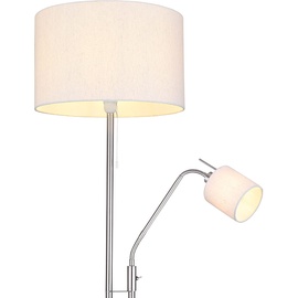 GLOBO Stehleuchte Wohnzimmer sandfarben Deckenfluter mit Leselampe Stehlampe Stoffschirm Zugschalter, Leseleuchte mit Kippschalter, nickel matt, 1x E27 1x E14, DxH 40 x 175 cm