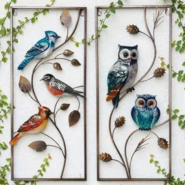 Harms Import Wandbild Wanddeko Außenbereich 2er Set Vögel Eulen Bunt Metall H 69,5 cm