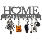 SirHoldeer Schlüsselbrett Home Sweet Home, Schlüsselboard Grau mit 10 Haken, Schlüssel Aufbewahrung, Schlüsselhaken Modern, Schlüsselhalter Wand, Key Holder Wall, Wanddeko Flur, Metall Deko