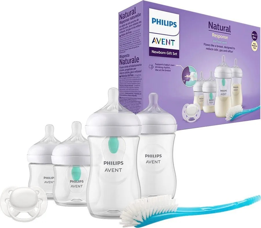 Philips AVENT Babyflasche Natural Response Flaschen-Set Air-Free Ventil SCD657/11, 4 Flaschen mit AirFree-Ventil, ultra soft Schnuller, Flaschenbürste weiß